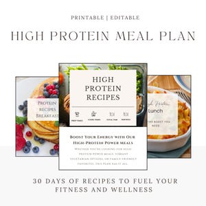 Pode incluir: Um plano de refei&ccedil;&otilde;es imprim&iacute;vel com fundo branco e borda marrom claro. O t&iacute;tulo &eacute; "High Protein Meal Plan". H&aacute; tr&ecirc;s imagens de comida, cada uma com um ret&acirc;ngulo branco sobreposto com texto. A primeira imagem &eacute; uma pilha de panquecas com mirtilos e morangos. O texto no ret&acirc;ngulo &eacute; "Protein Recipes Breakfast". A segunda imagem &eacute; uma tigela de frango e br&oacute;colis. O texto no ret&acirc;ngulo &eacute; "High Protein Recipes". A terceira imagem &eacute; uma tigela de macarr&atilde;o com queijo. O texto no ret&acirc;ngulo &eacute; "High Protein Lunch".