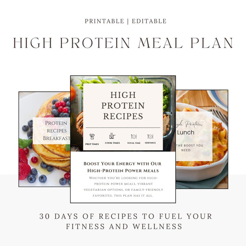 Pode incluir: Um plano de refei&ccedil;&otilde;es imprim&iacute;vel com fundo branco e borda marrom claro. O t&iacute;tulo &eacute; "High Protein Meal Plan". H&aacute; tr&ecirc;s imagens de comida, cada uma com um ret&acirc;ngulo branco sobreposto com texto. A primeira imagem &eacute; uma pilha de panquecas com mirtilos e morangos. O texto no ret&acirc;ngulo &eacute; "Protein Recipes Breakfast". A segunda imagem &eacute; uma tigela de frango e br&oacute;colis. O texto no ret&acirc;ngulo &eacute; "High Protein Recipes". A terceira imagem &eacute; uma tigela de macarr&atilde;o com queijo. O texto no ret&acirc;ngulo &eacute; "High Protein Lunch".