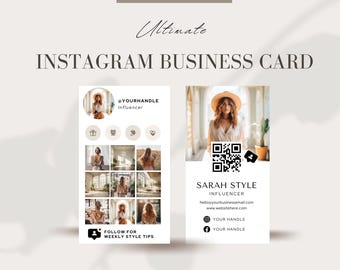 May include: A digital Instagram business card template with a white background. The card features a photo of a woman wearing a hat and a white dress. The card includes the woman's Instagram handle, website, and email address. The card also includes a QR code and a call to action to follow for weekly style tips.
