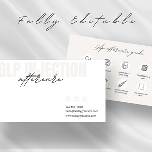 May include: White business card with black text that reads "GLP INJECTION aftercare" and includes contact information. A separate white card with black text and icons provides a GLP aftercare guide.