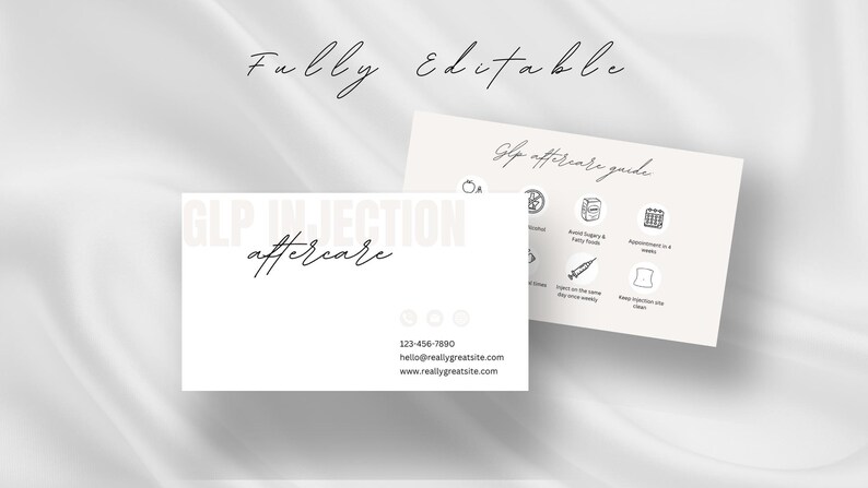 May include: White business card with black text that reads "GLP INJECTION aftercare" and includes contact information. A separate white card with black text and icons provides a GLP aftercare guide.
