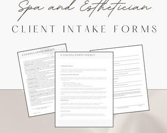 May include: Three printable spa and esthetician client intake forms. The forms include a cancellation policy, introductory information, and a client intake form.