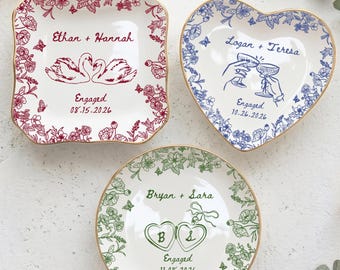 Personalized Engagement Ring Dish, Custom Couple Name Trinket Dish, Floral Wedding Ring Holder, Bridal Shower Gift