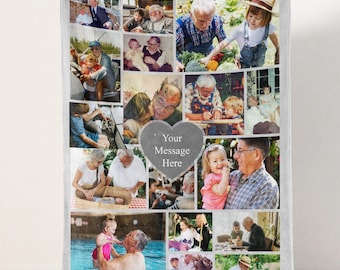 Custom Grandpa Photo Blanket Collage, Picture Blanket With Text, Anniversary Family Photo Blanket, Papa Memorial Blanket