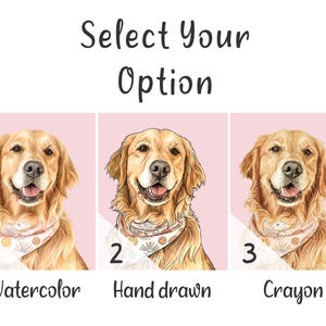 May include: Image featuring three golden retriever portraits with bandanas, each on a pink background. The text "Select Your Option" is at the top. Below each portrait are the words "Watercolor", "Hand drawn", and "Crayon", with numbers 1, 2, and 3 next to each.