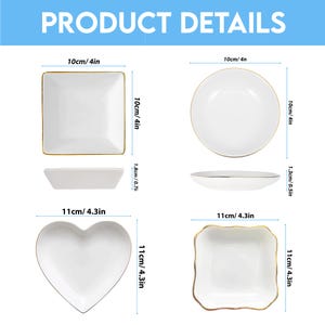 May include: White ceramic dishes with gold trim in square, round, heart, and scalloped square shapes. Each dish is approximately 4 inches (10cm) in diameter or width. The image includes the text "PRODUCT DETAILS".