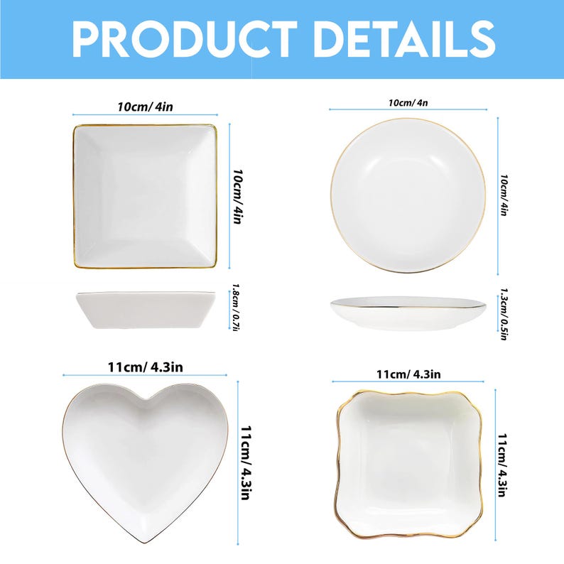 May include: White ceramic dishes with gold trim in square, round, heart, and scalloped square shapes. Each dish is approximately 4 inches (10cm) in diameter or width. The image includes the text "PRODUCT DETAILS".