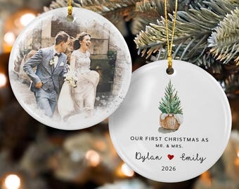 First Christmas Married Ornament, Custom Wedding Photo Ornament, Mr and Mrs Ornament, Wedding Portrait Christmas Ornament