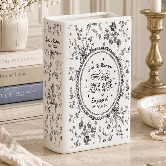 Personalized Engagement Toile De Jouy Ceramic Book Vase, Custom Couple Name Book Vase, Toile de Jouy Vase, Engagement Gifts