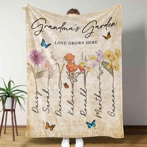 Grandmas Garden Gift for Grandma,Mimi Granny Birthday Gift,Birth Flower Mom Gift,Mothers Day Gift for Grandma,Grandma Garden Flower Blanket