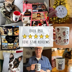 May include: A collage of personalized gifts including photo-printed blankets, ceramic mugs with custom text and images, a round holiday ornament featuring three penguins, and a throw pillow with a dog portrait, overlaid with five yellow stars.