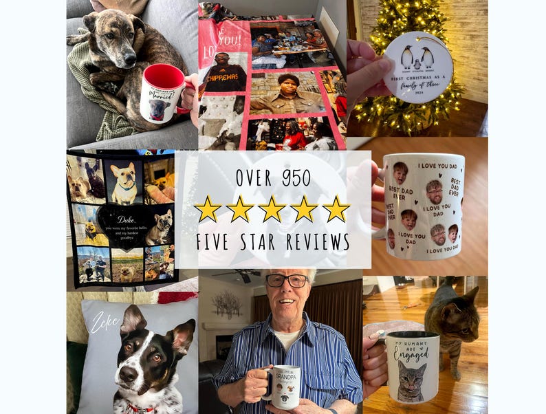 May include: A collage of personalized gifts including photo-printed blankets, ceramic mugs with custom text and images, a round holiday ornament featuring three penguins, and a throw pillow with a dog portrait, overlaid with five yellow stars.