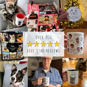 Puede incluir: Un collage de fotos de clientes que muestran regalos personalizados. Los art&iacute;culos incluyen tazas, mantas, almohadas y un adorno. Las tazas presentan retratos de mascotas y fotos familiares. La imagen tambi&eacute;n incluye un gr&aacute;fico de rese&ntilde;as de cinco estrellas.