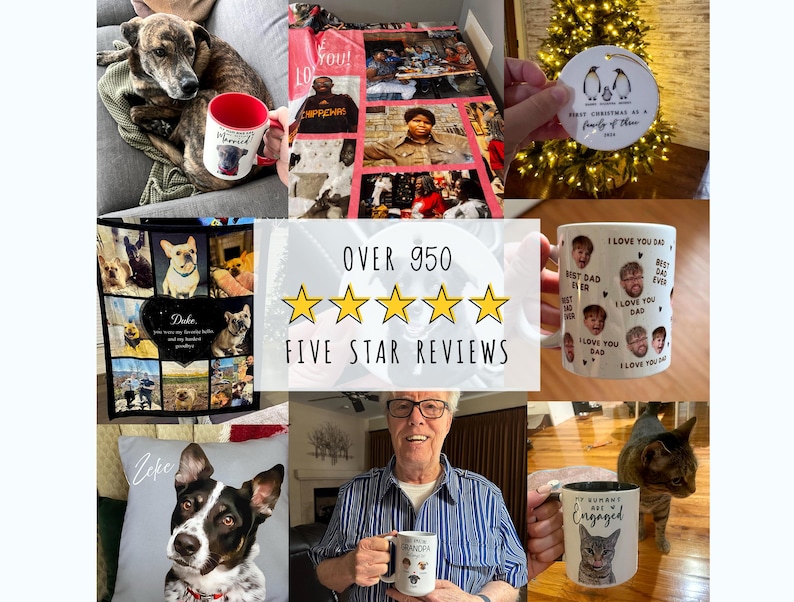 Puede incluir: Un collage de fotos de clientes que muestran regalos personalizados. Los art&iacute;culos incluyen tazas, mantas, almohadas y un adorno. Las tazas presentan retratos de mascotas y fotos familiares. La imagen tambi&eacute;n incluye un gr&aacute;fico de rese&ntilde;as de cinco estrellas.