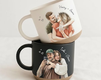 Personalized Couple Photo Pottery Mug, Custom Watercolor Portrait Mug, Boyfriend Girlfriend Gift, Gift for him