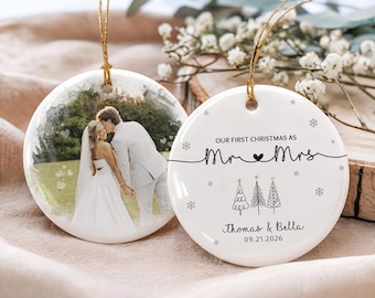 Custom Wedding Photo Ornament, First Christmas Married Ornament, Mr and Mrs Ornament, Wedding Portrait Christmas Ornament