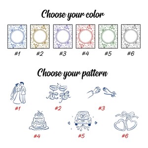 May include: A selection chart featuring six rectangular frames in blue, gold, purple, red, green, and black with floral borders, labeled Choose your color. Below, six blue line-art wedding icons are labeled Choose your pattern, including a couple, champagne glasses, a ring exchange, a cake, a car, and hearts.