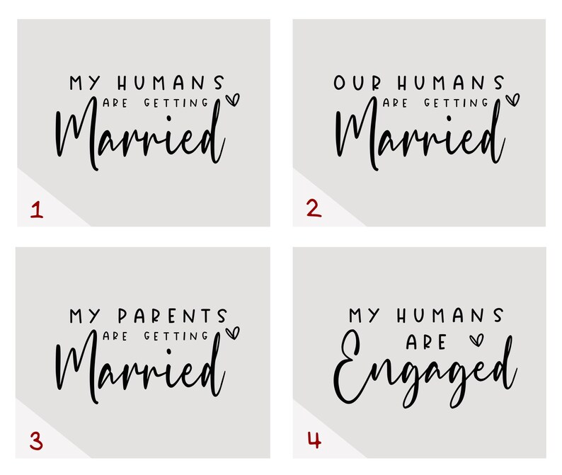 May include: Four square images with text related to weddings and engagements. The first image reads "My Humans are Getting Married". The second image reads "Our Humans are Getting Married". The third image reads "My Parents are Getting Married". The fourth image reads "My Humans are Engaged".