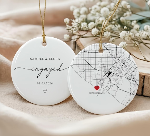 Custom Engagement Ornament, Newlywed Gift Engaged Ornament, Custom Wedding/Engagement Location Ornament, Engagement Gift