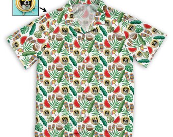 Personalized Hawaii Shirt, Pet Photo Leaf Watermelon And Coconut Pattern Short Sleeve Hawaiian Shirt, Custom Shirt, Funny Pet Custom Shirt