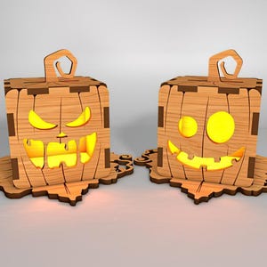 Wooden Pumpkin Halloween Lantern – 3D Jack O&#39; Lantern LED Lamp, Spooky Laser Cut Cube Light for Halloween Decor, Glowing Pumpkin Box