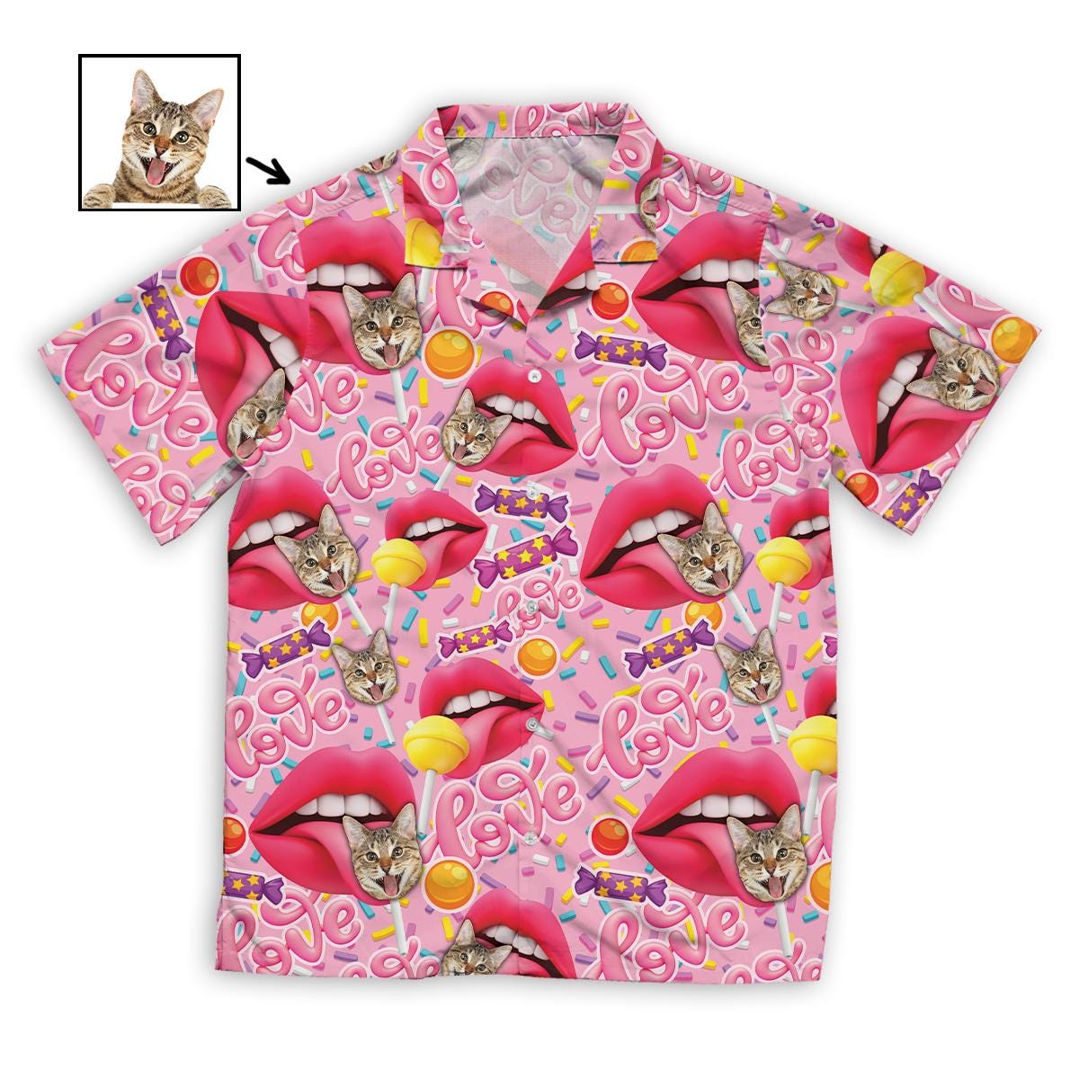Personalized Hawaii Shirt, Name And Picture Pet Lips And Candies Sweets Short Sleeve Hawaiian Shirt, Custom Shirt, Funny Pet Custom Shirt
