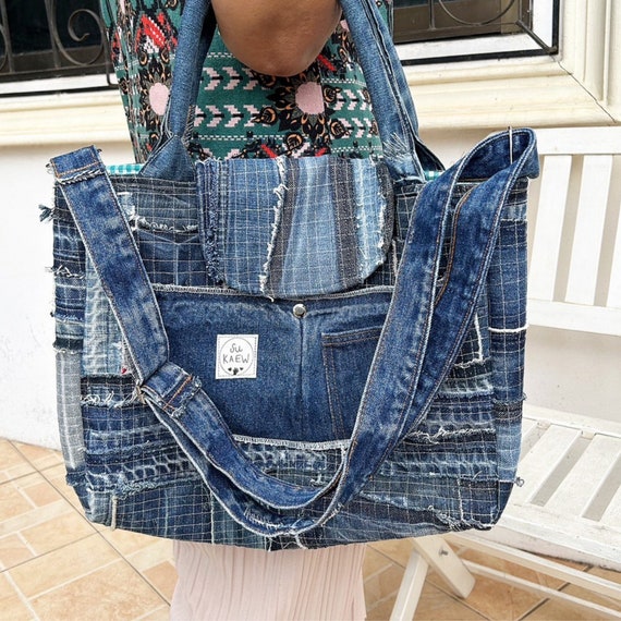 Stylish Denim Patchwork Shoulder Bag, Crossbody Bag