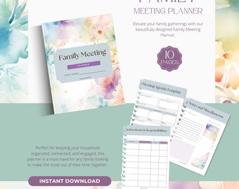 Könnte beinhalten: Ein druckbarer Familien-Meeting-Planer mit einem Aquarell-Blumendesign. Der Planer enthält Abschnitte für die Meeting-Agenda, Aktionspunkte, Verantwortlichkeiten und Notizen. Der Planer hat 10 Seiten und ist ein sofortiger Download.