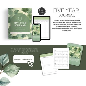 Puede incluir: Una descarga digital para un diario de cinco años con 100 páginas. La portada presenta un diseño de acuarela de hojas verdes. El diario está diseñado para ayudarte a capturar la esencia de tus experiencias cotidianas, tu crecimiento personal y tus aspiraciones futuras.