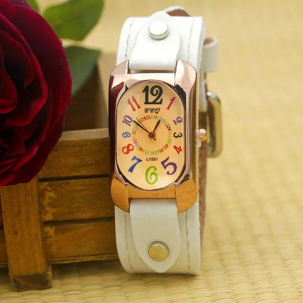 Cow Leather Strap Color Digital Rectangle Watch Women Bracelet Watches Female Bronze Quartz Watch Student Leisure Watch