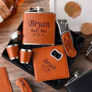 Custom Groomsmen Wine Bottle Sets - Personalized Leather Wine Bottles with Bottle Openers - Personalized Wedding Favors for Groomsmen