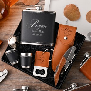 Personalized Groomsmen Leather Flask Set | With Funnel & Shot Glass | Brown