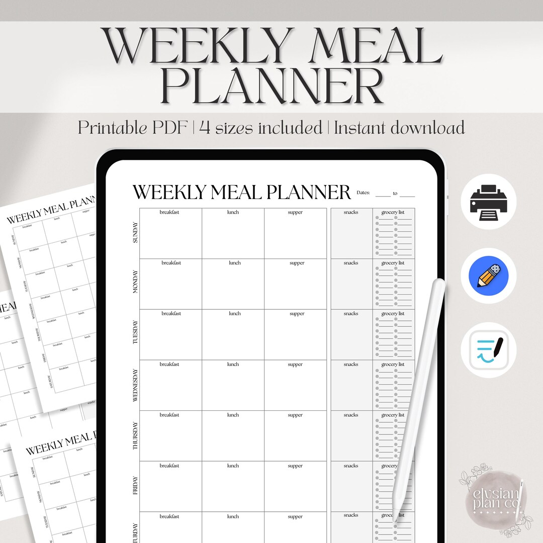 Minimalist Weekly Meal Printable Planner Template, Meal Plan, Simple ...