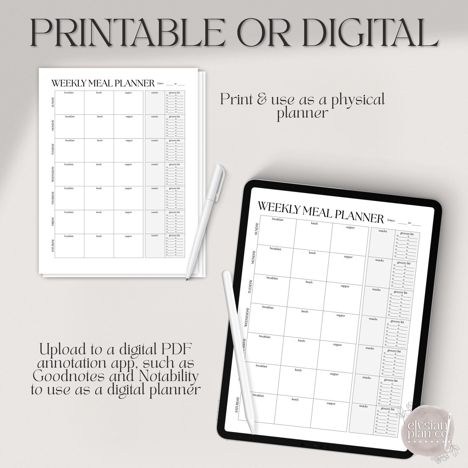 Minimalist Weekly Meal Printable Planner Template, Meal Plan, Simple ...