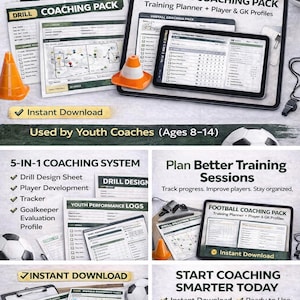 May include: A football coaching pack with a training planner and player profiles. The image shows a tablet, clipboard, and printed sheets with diagrams and data. Includes orange cones and the text "Instant Download."