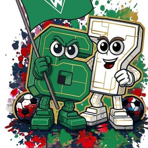 Puede incluir: Ilustración de dibujos animados de los números seis y siete como figuras antropomórficas. El número seis es verde y sostiene una bandera con un logotipo blanco. El número siete es blanco con contornos dorados. Balones de fútbol y salpicaduras de pintura en el fondo.