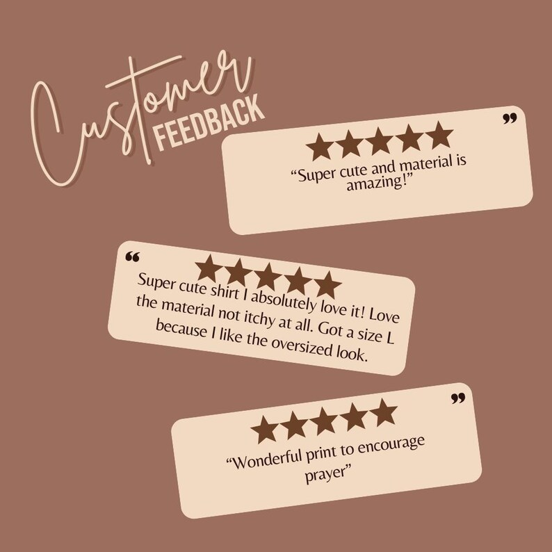 Puede incluir: Un fondo marr&oacute;n con comentarios de clientes en texto blanco. El texto incluye frases como "&iexcl;S&uacute;per lindo y el material es incre&iacute;ble!" y "Maravilloso estampado para fomentar la oraci&oacute;n". Tambi&eacute;n hay valoraciones por estrellas.