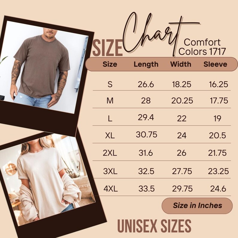Puede incluir: Tabla de tallas para camisetas unisex Comfort Colors 1717. Las tallas van de la S a la 4XL, con medidas en pulgadas para largo, ancho y manga. Dos personas llevan las camisetas.
