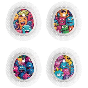 May include: Four round, white adhesive patches with colorful cartoon monster designs. Each patch features a different design with a variety of colors, including pink, blue, green, yellow, and orange.