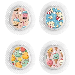 May include: Four round, white, adhesive patches with different colorful cartoon designs. The designs include a boba tea, popcorn, fruit, and ice cream.
