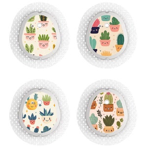 May include: Four round, white adhesive patches with a patterned design of potted plants with smiling faces. The patches are designed to be used on medical devices.