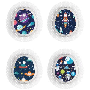 May include: Four round, white, adhesive patches with different space-themed designs. Each patch features a dark blue background with colorful planets, stars, rockets, astronauts, and UFOs.