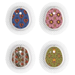May include: Four round adhesive patches with different colorful patterns. Each patch features a white border with a small hole in the center. The patterns include a blue background with red hearts and eyes, a pink background with yellow stars and suns, a green background with a snake and flowers, and a brown background with a hand and an eye.