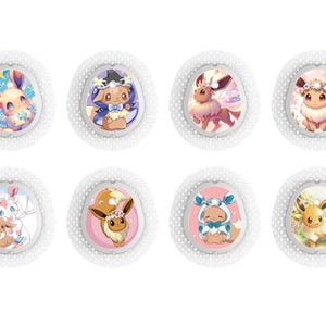 May include: A set of eight oval adhesive patches featuring various Eevee character illustrations. Each patch has a white, perforated border and a central graphic depicting the brown creature in different outfits, poses, and colourful settings.