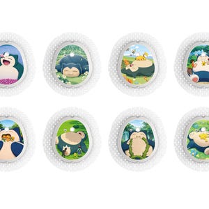 May include: Eight oval adhesive patches with white perforated borders, each featuring a unique illustration of the Pokémon Snorlax in various colourful scenes, including Snorlax eating berries, sleeping in fields, and interacting with other characters.