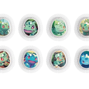 May include: Eight oval adhesive patches featuring various illustrations of the green creature Bulbasaur. Each patch has a white perforated border and a central graphic depicting the character in different poses, including eating and wearing headphones.