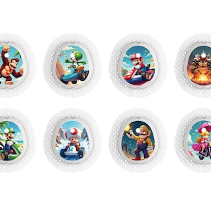May include: Eight white, oval decorative items with colourful illustrations of Super Mario characters. Each item has a white, textured border. Characters include Mario, Donkey Kong, and Yoshi.