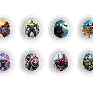 May include: Eight round white adhesive bandages with different superhero character designs. The characters include Superman, Hulk, Batman, Wonder Woman, Iron Man, Captain America, Spiderman, and the Teenage Mutant Ninja Turtles.