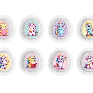 May include: Eight circular stickers featuring cartoon unicorns in various poses. Each unicorn has a colorful mane and horn, set against a pastel background. The stickers are surrounded by a white, dotted border, creating a playful and whimsical design.
