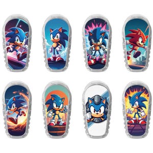 Peut inclure: Ensemble de huit étuis en plastique transparent, chacun présentant une image différente de Sonic le Hérisson. Les designs montrent Sonic dans diverses poses et environnements, avec des couleurs vives et des arrière-plans dynamiques.